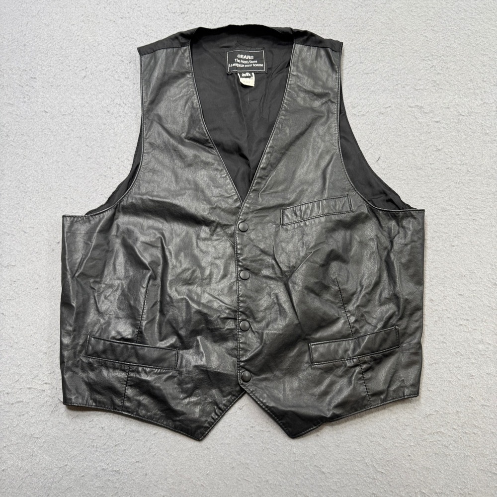 Vintage Sears Leather Vest Men's Large Black Classic Fit Western Biker Outerwear